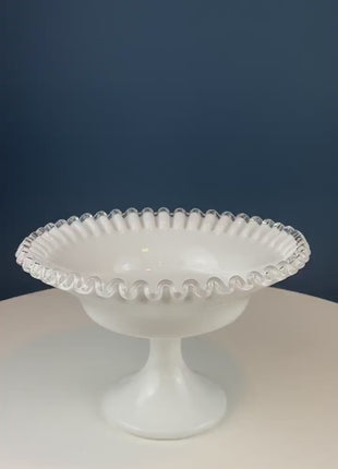 Fenton Milk Glass Footed Bowl with Silver Crest Ruffled Edge. Milk Glass  Collectible Compote by Fenton.