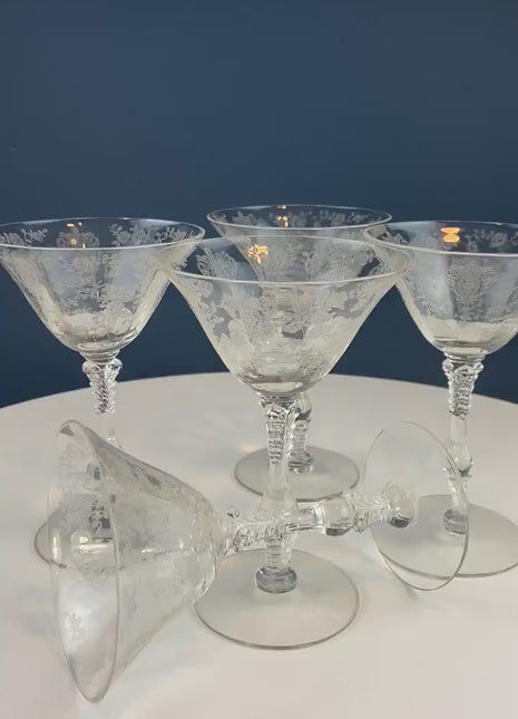 Vintage Cambridge Rose Point Champagne Glasses. Set of Five Tall Sherbets. Floral Etching Stemware. Fine Dining. Wedding Gift Idea.
