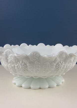 Antique Westmoreland Milk Glass Bowl with Embossed Grapes & Vines Motif and Scalloped Edge. White Oval Serving Dish. Table Kitchen Decor.
