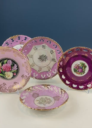 Pink Collection of Vintage Saucers. Mix & Match. Set of 5 Mostly Pink Plates with Lacey Reticulated Edges. Cute Gift Idea for Her.