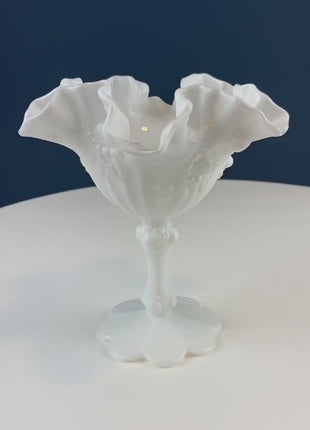 Fenton Handpainted Milk Glass Compote. White, Footed, Hobnail Bowl with Ruffled  Rim and Pastel Flowers. Wedding Gift. Modern Farmhouse.