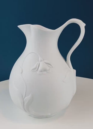 White Bisque Porcelain Pitcher with Snow Drop Relief. Stunning, Elegant, Minimal Flower Vase with Flower Motif. Modern Farmhouse.