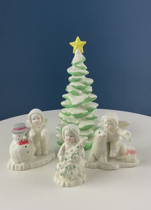 Polar Pals Playing in Snow Under Lit Christmas Tree. 3 White Porcelain Cupid Figurines Celebrating Friendship. Kids Room. Night Light.