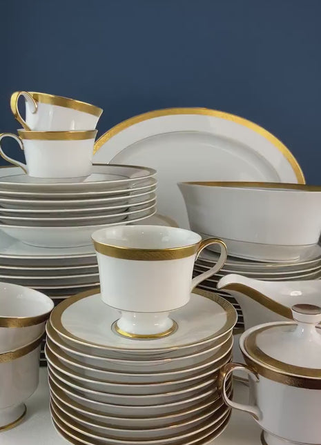 White & Gold Dish Set. Wedding Band China. Sango Spun Gold. Dinner, Salad or Dessert, Soup Plates, Sugar Bowl, Serving Dishes.