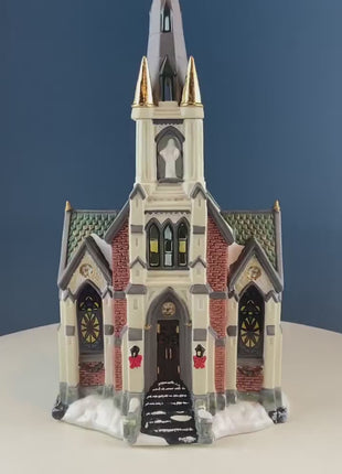 Porcelain Christmas Village Cathedral. Large Illuminated House of Worship by Grandeur Noel Collector's Edition. Home Retail Holiday Decor.