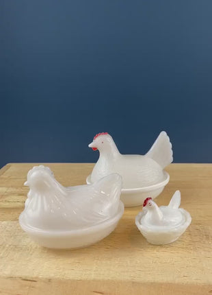 Vintage Collection of Milk Glass Nesting Hen Bowls of Varying Sizes. Set of 3 Lidded Dishes Shaped like Dishes Chickens. Dining Room Decor.