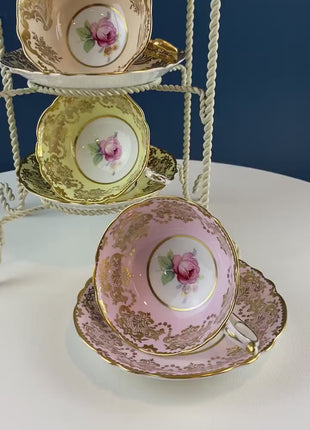 Rare 5 Piece Collection of Pastel Colored Vintage Paragon Cups & Saucers. Stunning Rich Design with Rose Motif and Gold Borders. Fine Dining