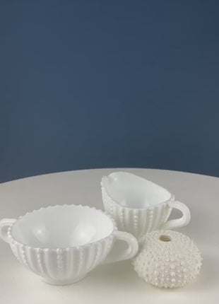Milk Glass Sea-Urchins Creamer and Sugar.  Nautical Themed White Serving Dishes/Accessories. Set of Two. Vacation, Tropical, 2nd Home.