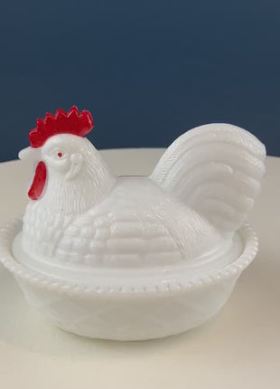 Westmoreland Milk Glass Covered Bowl Shaped Like Rooster on Nest. White Rooster with Red Comb. Lidded Butter Serving Dish. Modern Farmhouse.