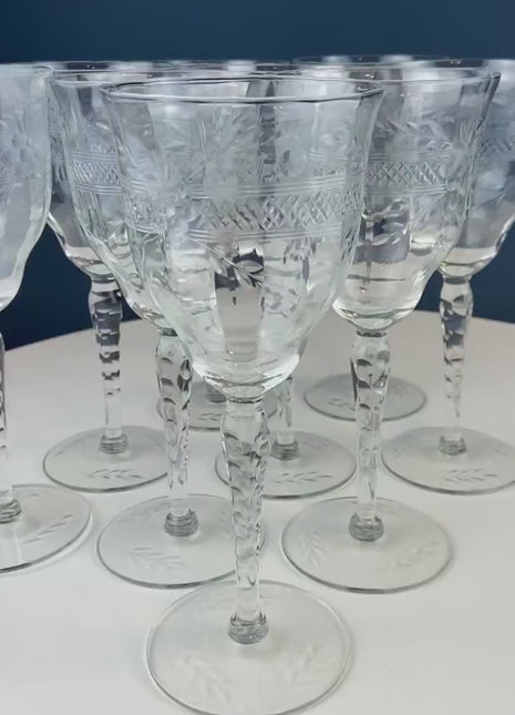 Vintage Wine or Water Goblets with Floral Cut Motif & Horizontal Band. Blown Glass Tall Stemware. Set of 8 Stemware. Unknown Manufacturer
