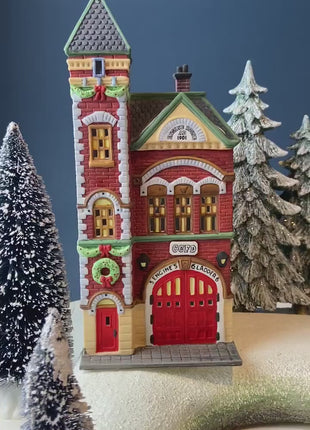 Illuminated Christmas Village Red Brick Fire Station House by Dept 56. Christmas in the City. Holiday Home Retail Decor. Gift for Dad.