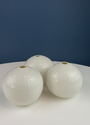 White, Porcelain Modern Vases. Set of Three Sperical Vases with Small Mouths and Fluting. Perfect for Breakfast Tray. Minimal Home Decor.