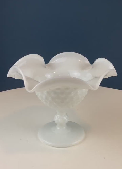 Milk Glass Footed Bowl Shaped like Hibiscus. White Glass Compote with Hobnail Pattern and Scalloped/Ruffled Rim. Serving Dish. Trinket Dish.