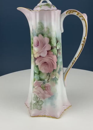 Very Tall, 11 Inch Antique Hand Painted Pitcher. Stunning Large Peach Roses. Flower Vase. Collectible Fine Bone China. Bohemian Chic.