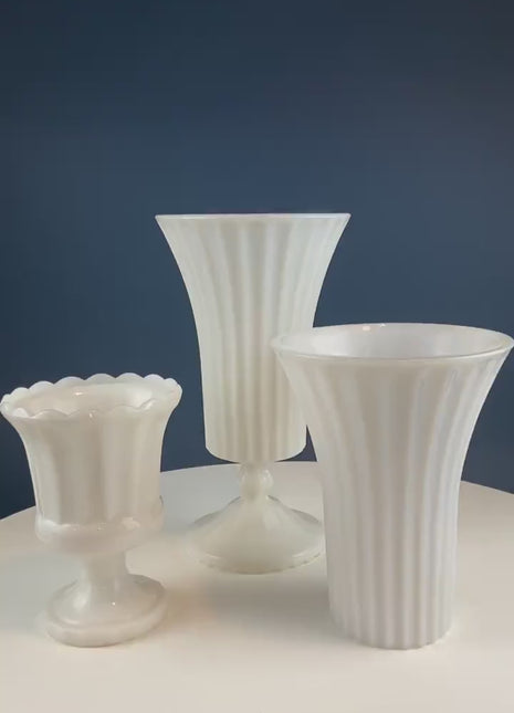 Set of Three, Fluted Milk Glass Vases.  Collection of White, Modern Style Vases of Varying Shapes and Sizes. Wedding Decor. White Home Decor