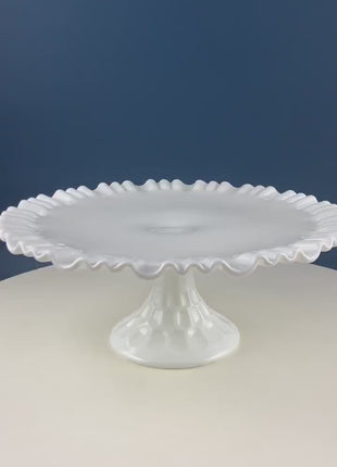 Vintage Thumb Print Milk Glass Cake Stand. White 12" Cake Serving Stand with Ruffled Edge. Wedding Birthday Holiday Celebration.