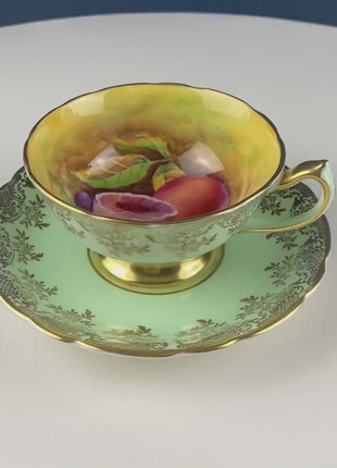 Vintage Mint Green and Gold Tea Cup & Saucer with Fruit Motif. Paragon Fine Bone China. Peaches, Plums, Berries. Gift for Him Her Tea Lover.