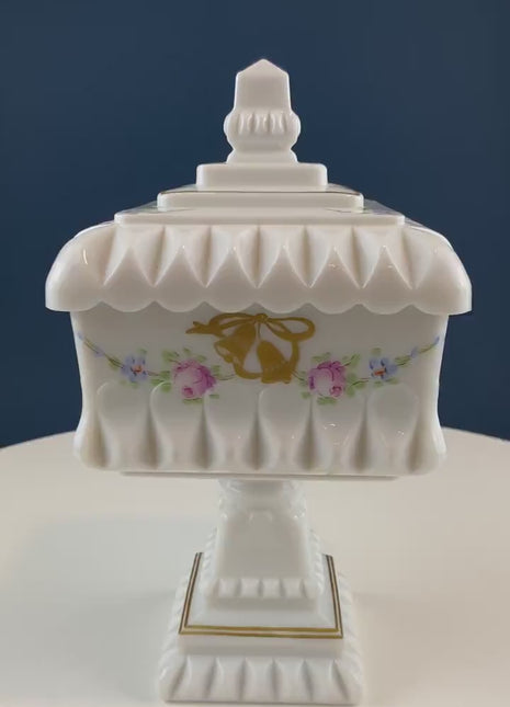 Westmoreland Square Compote with Cover. Wedding & Anniversary Trinket Dish on Stand. Milk Glass, Old Quilt Design, Block and Star Pattern.