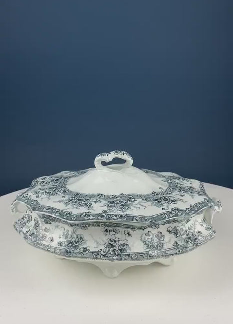 Antique Wedgwood Porcelain Tureen. Oval Soup Serving Dish with Black/White Motifs and Reliefs. Scalloped Edges. Family Dining. Holiday.
