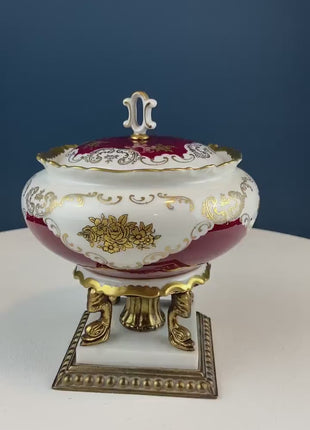 Antique Porcelain Burgundy & Gold Footed Bowl with Marble Base. Hand Painted Roses Storage Dish with Dolphin Feet. Ornate Marble Base.