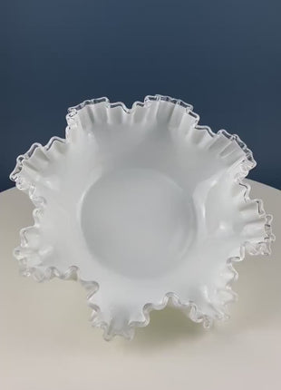 Large Silvercrest Bowl with Ruffled Edge. White Glass Fruit Bowl or Serving Dish with Clear Brim. Table Centerpiece. Wedding Gift.