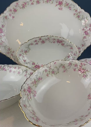 Antique Hutschenreuter Porcelain Serving Dishes. Set of Five Platters and Bowls with Pink Rose Garlands Motif. Wedding Gift Idea.