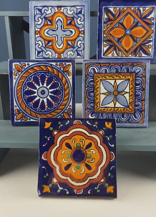 Set of 5 Handmade Mexican Spanish Ethnic Tiles. Simplified Hand Painted Geometrical Designs. Kitchen, Bath, Fountain, or Garden Ideas.