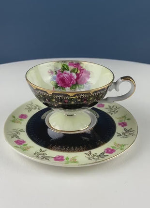 Antique Lefton Black and Gold Tea Cup and Saucer. Hand Painted Rose Motif. Dining Room Decor. Gift for Him or Her. Collectible Porcelain.