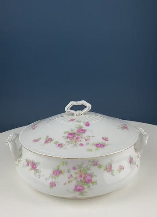 Antique Porcelain Tureen with Delicate Pink Roses. Bow Like Handles. Soup Serving Dish. Holiday Family Dining. Fine Table Setting.