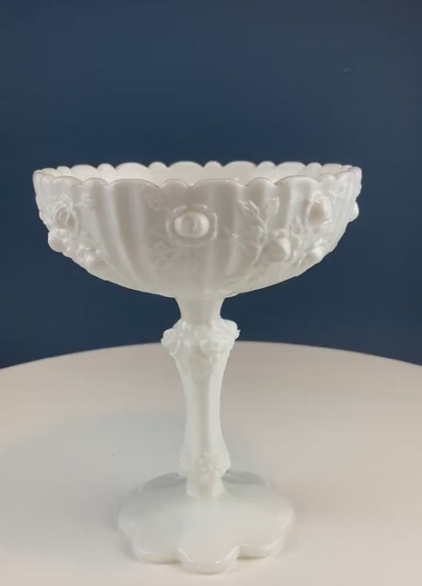 Milk Glass Floral Footed Bowl with Salloped Rim. White Compote with 3-D Roses. Serving Dish for Fruit or Nuts Bowl. Bedroom Console Decor.