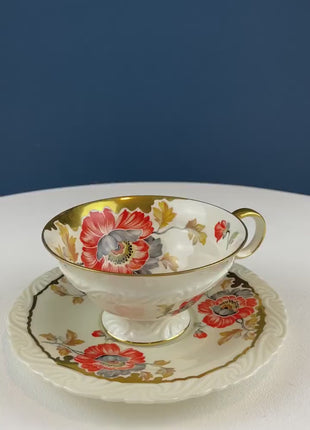 Vintage OST Mark SF Tea Cup with Saucer. Stunning Hand Painted Poppies and Rich Gold Rim. Collectible Tea Set. Wedding Gift. Cottagecore.