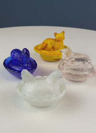 Miniature Glass Animal Dishes. Set of Four Covered Bowls Shaped like Hen, Cow, Lamb, and Cat. Collectibles. Modern Farmhouse. French Country