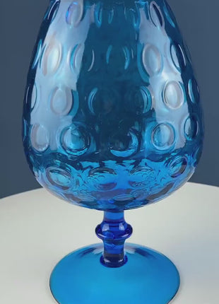 Blue Hand-Blown Glass Footed Vase. Large Goblet with Thumb Print Motif. Collectible Modern Glass. Home or Retail Decor. Interior Design Idea