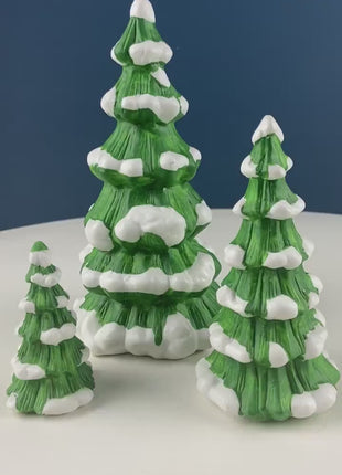 3 Porcelain Snow Covered Pines for Christmas Village or Home Retail Display. Seasonal Decor. Gift for Him or Her, Kids, or Kid at Heart.