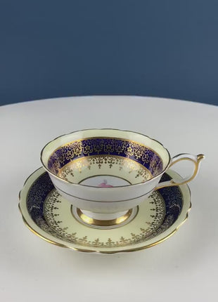 Vintage Paragon Cup and Saucer. Porcelain Tea Set. Lt Yellow with Dark Blue and Gold Bend. Rose Motif.  Excellent Gift Idea for Tea Lover.