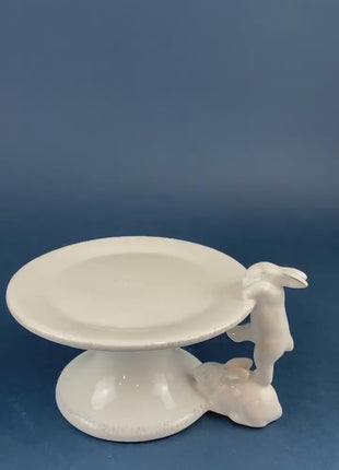 White Porcelain, Cupcake Sized Stand. Climbing Bunnies Detail. Rabbit Themed Table Accessories. Candy Dish, Candle Holder, Modern Farmhouse.