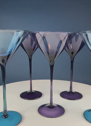 Extra Tall Martini Glasses. Set of Five Stemware. Three Purple and Two Blue Modern Glasses. Minimal Design. Fine Barware. Gift for Him.