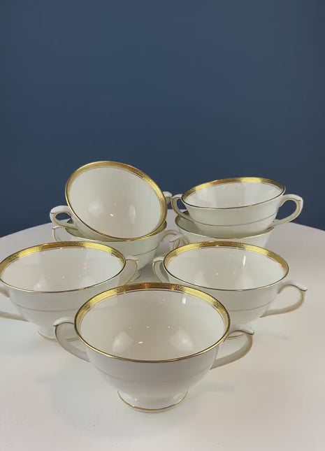 Vintage Coalport Porcelain Soup or Bullion Cups. Elite Wedding Band China. White Cups with Gold Textured Bands. Set of 7. Fine Table Decor.