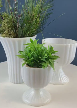 Collection of  3 Vintage Milk Glass Fluted Vases or Planters. Elegant White Minimal Design. Modern Home Decor. Window Sill Garden.