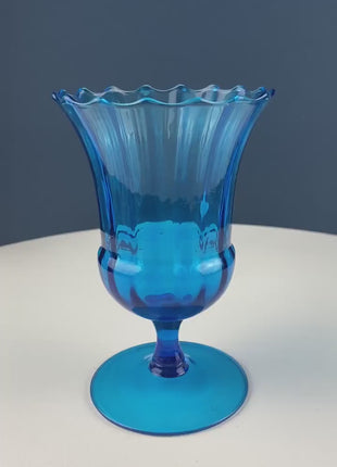 Blue Hand-Blown Glass Footed Vase. Large Goblet with Thumb Print Motif. Collectible Modern Glass. Home or Retail Decor. Interior Design Idea