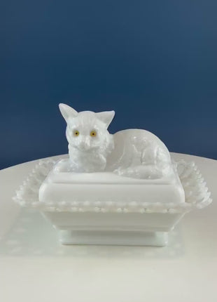 Vintage Westmoreland Milk Glass Cat Covered Dish. Trinket Condiment Serving Dish. Bath Display. Reticulated Lacey Edge. Gift for Cat Lover.