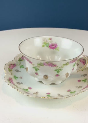 Very Light Weight Porcelain Cup and Saucer. M&K Austria. Delicate Rose Garlands and Scalloped Edges. Heart Shaped Handle. Gift for Her.