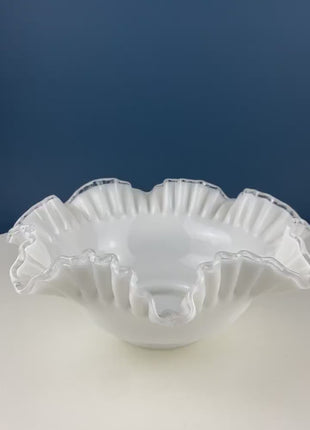 Silvercrest Bowl with Ruffled Edge. White Glass Fruit Bowl or Serving Dish with Clear Brim. Table Centerpiece. Serviceware. Wedding Gift.