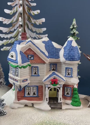 Blue Roofed Victorian Cottage. Porcelain Illuminated Christmas Village Building with Blue Roof. Home or Retail Alternative Holiday Decor.