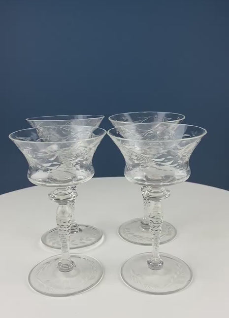 Vintage Champagne Tall Sherbets by Newton Crystal Co. 3365-3. Blown Glass. Swirl Optic & Cut Floral Motif. Set of 4 Glasses. Wedding Gift.