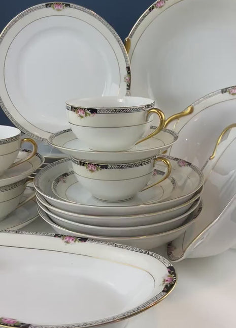 Classic Noritake Vintage Dinnerware. Beechmont Pattern. Small Rose Clusters with Black. Minimal Dining and Serving Set. Wedding Registry.