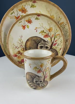 Cute Racoon Dinner Set for One. Whimsical Plates and Mug. Kid at Heart or Grandparents' Gift for Grandkids. Fall Celebration. Cabin Decor.