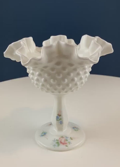 Fenton Handpainted Milk Glass Compote. White, Footed, Hobnail Bowl with Ruffled  Rim and Pastel Flowers. Wedding Gift. Modern Farmhouse.