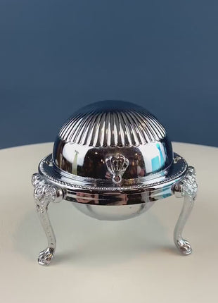 Iruinware Caviar Dome Dish Made in British Hong Kong. Silver Metal Serving Bowl. Lion Feet Dome Lid. Table Setting. Stylish Housewares.