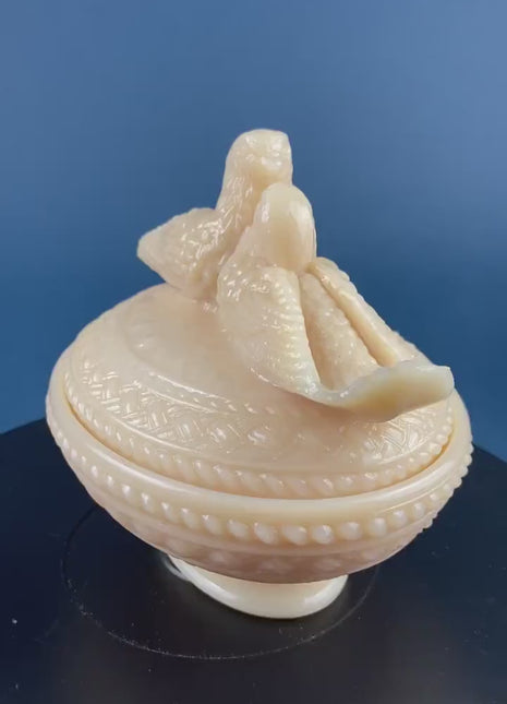 Nude Colored Ceramic Doves on Nest. Beige Kissing Birds on Basket. Dish with Pair of Love Birds. Trinket Storage Bowl or Serving Dish.